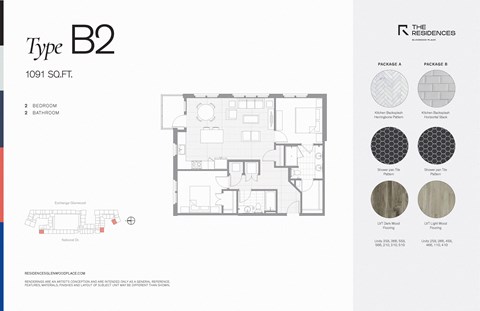 Floor plan for 2 beds, 2 baths, 1091 sqft